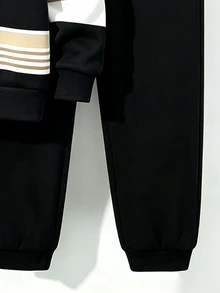 青少年男孩休閒舒適時尚極簡個性化線條拼色印花對比色休閒風秋冬連帽衛衣套裝，適合外出與運動 - 彩色 - 查看 5