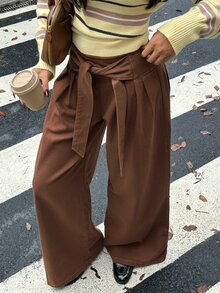 Rivivi Petite Women's Street Fashion Lace-Up Ruched Loose Denim Long Pants - Brown - View 5
