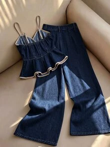 GlowEve Set Denim Kasual Wanita: Atasan Camisole Berpotongan Rapi dengan Hem Berumbai dan Celana Jeans Lebar, Kancing Tunggal - Biru - View 2