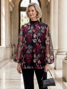EMERY ROSE Floral Pattern Stand Collar Lantern Sleeve Elegant Blouse For Middle-Aged And Elderly Women - Multicolor - View 6