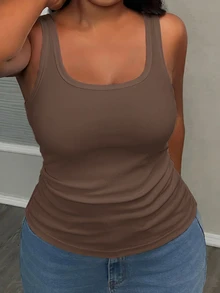 Slaydiva Plus Size Women Solid Color Square Neck Casual Versatile Tank Top - Rust Brown - View 4