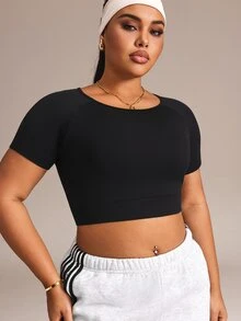 Rhythm Era Kaos Lengan Pendek Wanita Ukuran Besar Warna Polos Kasual untuk Sehari-hari, Bepergian, dan Olahraga - Hitam - View 4