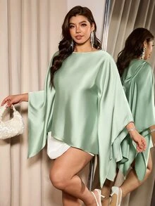 Elaquor Plus Size Women's Solid Color Round Neck Batwing Sleeve Elegant Blouse - Green - View 4