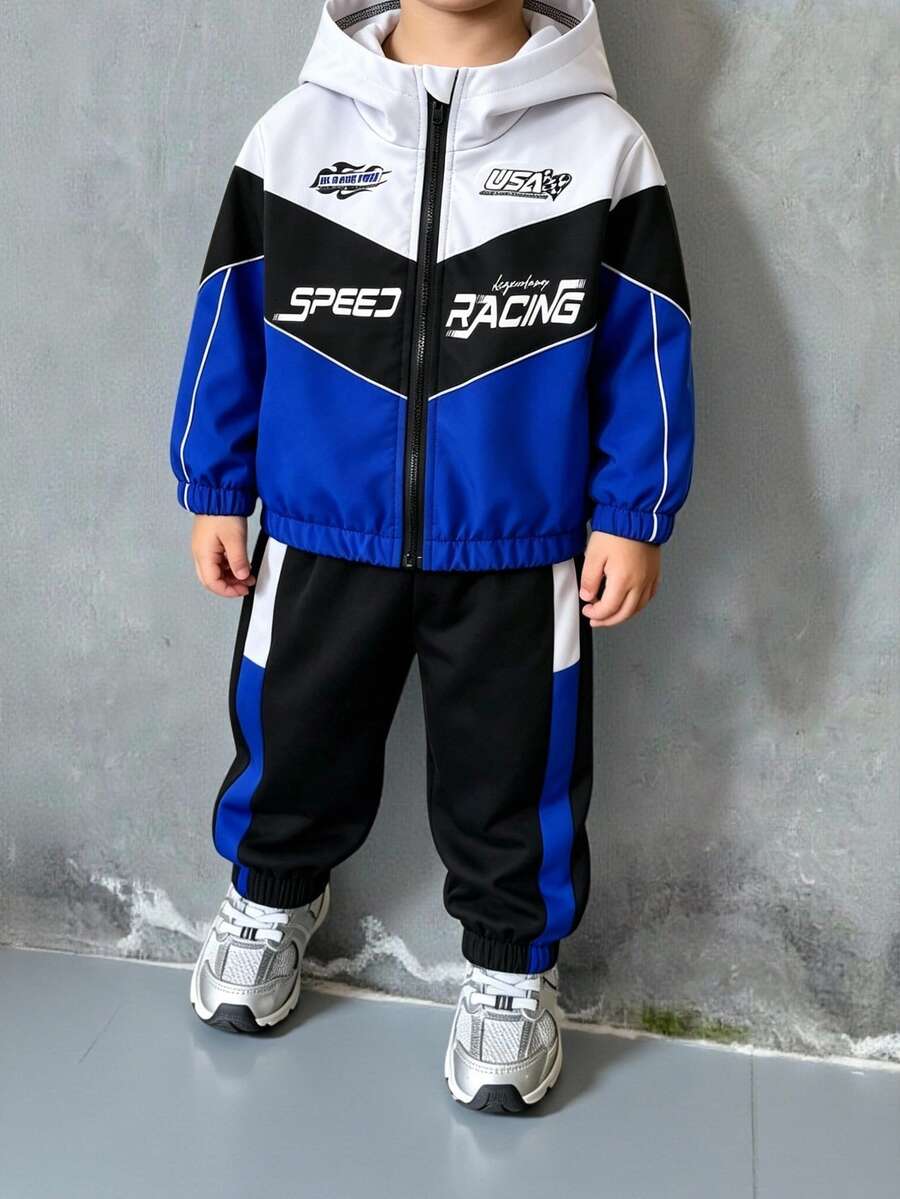 SHEIN Boys 2pcs Set, Autumn New Colorblock Patchwork Hooded Jacket, American Motorcycle Racing Style Versatile Top, Colorblock Cuffed Sweatpants, Long Sleeve Sports Two Pieces Outfit, Suitable For Autumn Outings - Blue - View 1