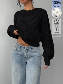 SHEIN BASICS Women's Solid Color Round Neck Long Sleeve Casual Versatile Sweater - Black - View 3