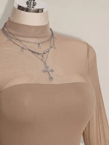 SHEIN ICON 大尺碼網格拼接 Y2K 性感連身衣 - 卡其色 - 查看 11