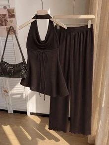 Comfortcana Women's Plus Size Draped Neck Backless Cowl Neck Asymmetrical Hem Waist-Cinching Tank Top And Loose Straight Leg Pants 2 Pieces Set - Brown - View 2