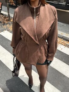 Vionelle Plus Size Women Casual Commute Elegant Suede Dark Brown Long Sleeve Autumn Jacket - Brown - View 6