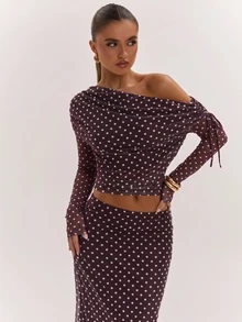 SHEIN BAE Women's Sexy Brown Polka Dot Asymmetrical Shoulder Single Sleeve Two Pieces Set - Multicolor - View 6