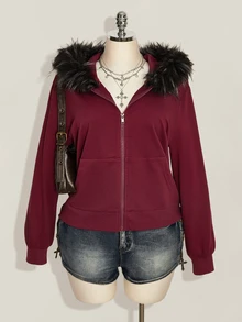 SHEIN ICON Plus Size Women Y2K Retro Fur Collar Patchwork Regular Sweatshirt Jacket With Pocket - Burgundy - View 1