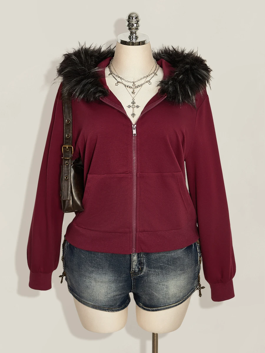 SHEIN ICON Plus Size Women Y2K Retro Fur Collar Patchwork Regular Sweatshirt Jacket With Pocket - Burgundy - View 1