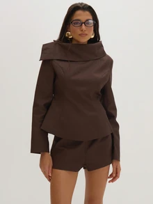 MUSEYN Brown Woven Structured Asymmetric Oversized Collar Long Sleeve Top Tailored Classy Date Night Chic Evening Fall - Coffee Brown - View 2