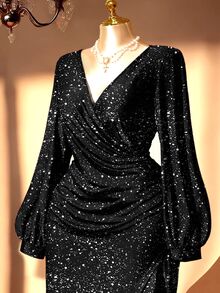 Rometta Autumn/Winter Plus Size Shiny Wrap V-Neck Lantern Sleeve Ruched Asymmetrical Hem Party Midi Dress Halloween Fall - Black - View 9
