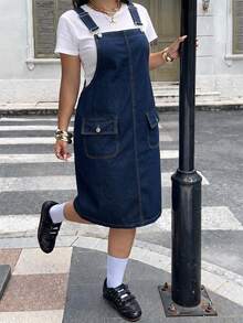 Rivivi 大尺碼女款休閒百搭鈕扣開襟水洗牛仔洋裝 - 深色水洗藍 - 查看 6
