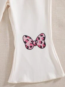 SHEIN Playful Pals 2件組幼女運動衫喇叭褲套裝，可愛白色粉色愛心豹紋兔熊荷葉邊蝴蝶結長袖圓領，適合假期秋季 - 彩色 - 查看 3