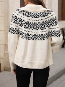 EMERY ROSE Women's Long Sleeve Zipper Geometric Pattern Casual Elegant Knit Cardigan Fall Clothes For Women Winter Outfit For Women Women Fall Winter Sweater - Khaki - View 2