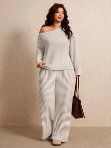 Elaquor Plus Size Women's Striped Asymmetrical Shoulder Long Sleeve T-Shirt And Pants Casual 2 Pieces Set - Apricot - View 3