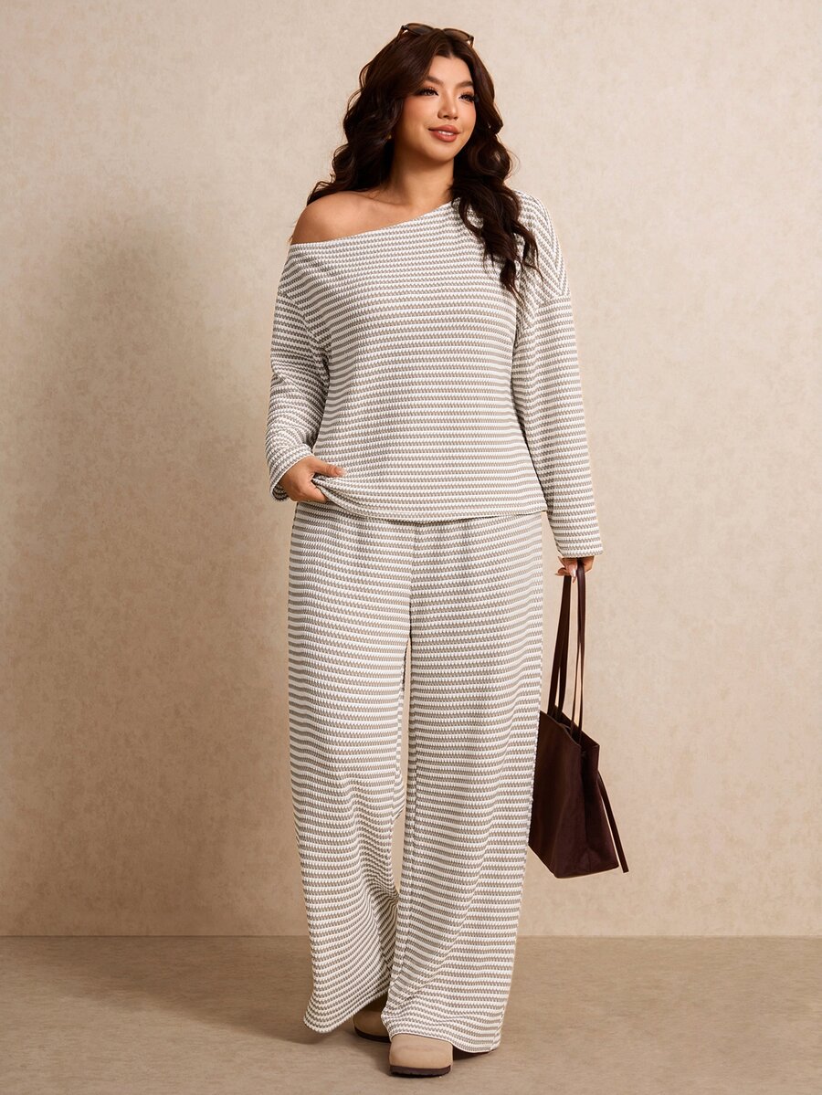Elaquor Plus Size Women's Striped Asymmetrical Shoulder Long Sleeve T-Shirt And Pants Casual 2 Pieces Set Fall/Winter Casual Daily Going Out Office Work Sets - Apricot - View 1
