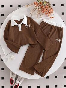 SHEIN Genkimix Kids 2件組女款韓式休閒白色蝴蝶結刺繡撞色翻領長袖短版上衣與喇叭寬腿褲套裝，適合學校、外出、日常穿著，春秋季節適用 - 棕色 - 查看 3