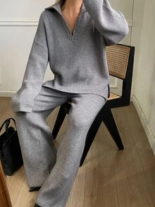 DAZY 女款羅紋拉鍊半開襟翻領長袖針織衫與休閒寬鬆長褲兩件套 冬季 - 灰色 - 查看 4