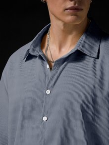 Genlund Men's Textured Striped Short Sleeve Shirt & Shorts Vacation Set - Grey - View 5