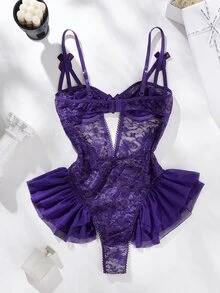 Seduluxe Butterfly Lace Mesh Ruffle Trim Underwire Bra Sheer Sexy Women Jumpsuit - Purple - View 2