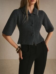 Poéselle Women's Solid Color Lapel Single-Breasted Fashion Elegant Cardigan - Dark Grey - View 3