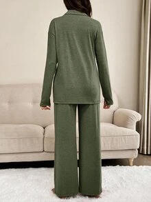 Slowluna Maternity Front Button Long Sleeve Top And Loose Pants 2 Pieces Set Fall - Army Green - View 2