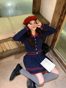 DAZY Women's Contrast Color Lapel Long Sleeve Cardigan & Casual Skirt Sweater Two Pieces Set, Autumn/Winter - Navy Blue - View 6