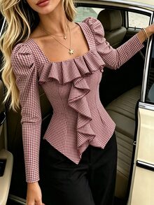 SHEIN PariChic Women's Plaid Patchwork Ruffle Square Neck Long Sleeve Elegant Blouse - White - View 1