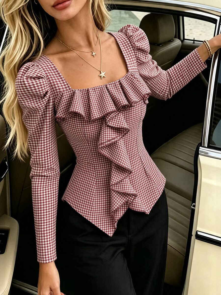 SHEIN PariChic Women's Plaid Patchwork Ruffle Square Neck Long Sleeve Elegant Blouse - White - View 1