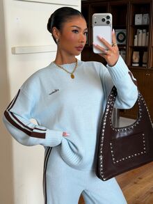 Muchica Women's Autumn/Winter New Light Blue Patchwork Striped Casual Loose Round Neck Sweater 2pcs Set - Blue - View 6