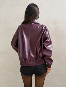 Aloruh Women's Deep Purple Leather Minimalist Jacket, Early Autumn Outfit - Purple - View 2