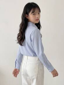 Hapijoa 青少年女孩秋季大童領口短袖襯衫夏季上衣 - 藍色 - 查看 6