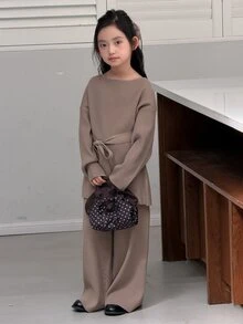 DAZY Tween Girl Crew Neck Long Sleeve Sweater And Knit Pants Set - Khaki - View 4