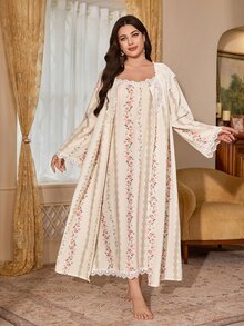 PalaceNights Floral Print Luxurious Lace Trim Loose Long Sleeve Robe With Camisole Slip Dress Ruffle Decor Woven Textured Fabric Plus Size Pajamas - Multicolor - View 3
