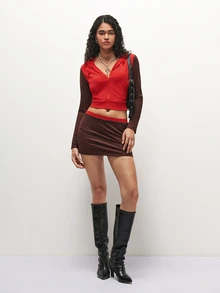 SHEIN TRNDY Women's 2000s Style Streetwear Colorblock Sleeve Pocket Hooded Sweatshirt And Skirt Y2K Set - Red - View 8