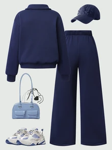 SHEIN 女童大童春秋冬季休閒兩件套，紐約字母印花立領衛衣與短褲套裝，保暖校園穿搭，適合日常上學通勤、外出散步、購物旅行，可搭配夾克、背心或鋪棉外套 - 藍色 - 查看 2