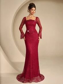 Women's Lace Long Sleeve Front Beaded Long Formal Evening Gown (Heavy Workmanship Style) - Burgundy - View 1