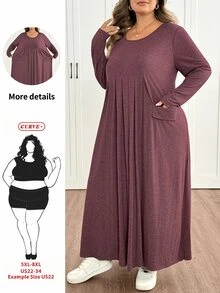 SHEIN CURVE+ Plus Size Women's Autumn/Winter Casual Loose Long Sleeve Comfortable Dress With Pockets Fall - Dusty Pink - View 1