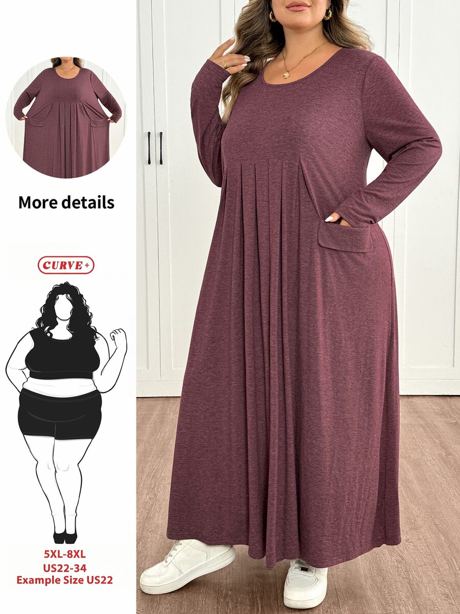 SHEIN CURVE+ Plus Size Women's Autumn/Winter Casual Loose Long Sleeve Comfortable Dress With Pockets Fall - Dusty Pink - View 1