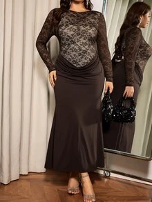 Elaquor Women's Plus Size Lace Trim Mermaid Hem Dress - Coffee Brown - View 5