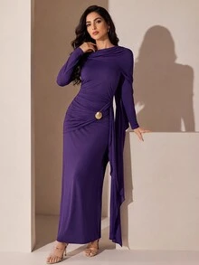 Veilorie Women's Round Neck Long Sleeve Pleated Solid Color Dress - Purple - View 1