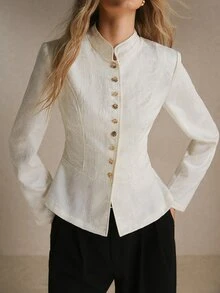 Poéselle Women's Ivory Textured Jacquard Jacket – Structured Mandarin-Collar Long-Sleeve Blazer With Gold Buttons, Defined Waist And Peplum Hem Fall/Winter - Apricot - View 5