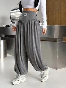 SHEIN EZwear 女款日常灰色針織高腰長褲 - 淺灰色 - 查看 4