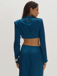 MUSEYN Teal Blue Satin Scarf Drape High Neck Top Classy Date Night Chic Evening Fall - Navy Blue - View 5