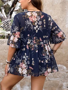 SHEIN LUNE Plus-Size Women'S Summer Flower Print Boho Lightweight Breathable Seaside Breathable Lace-Up Smock Fall - Navy Blue - View 2