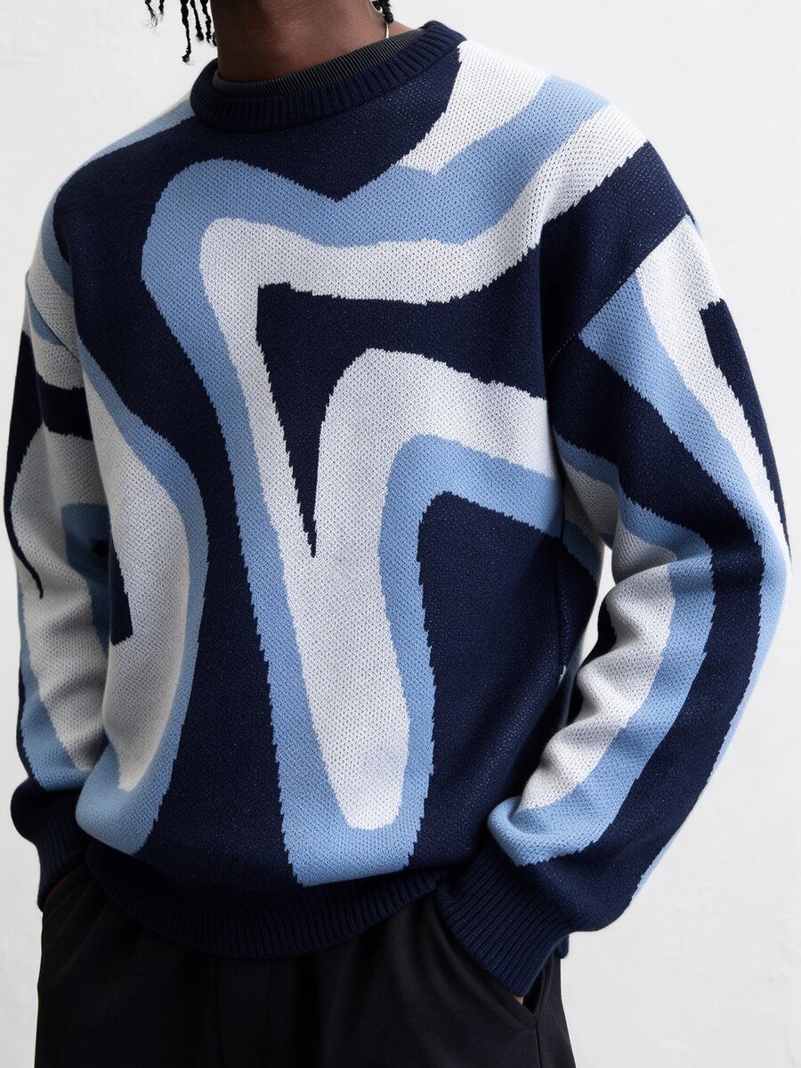Chillumni Men's Colorblock Crew Neck Dropped Shoulder Long Sleeve Casual Loose Sweater - Blue - View 1