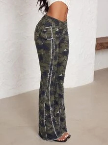 SHEIN PETITE 女款低腰腰帶裝飾迷彩圖案性感辣妹風牛仔褲 - 彩色 - 查看 5