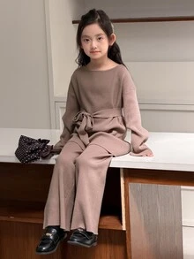 DAZY Tween Girl Crew Neck Long Sleeve Sweater And Knit Pants Set - Khaki - View 8